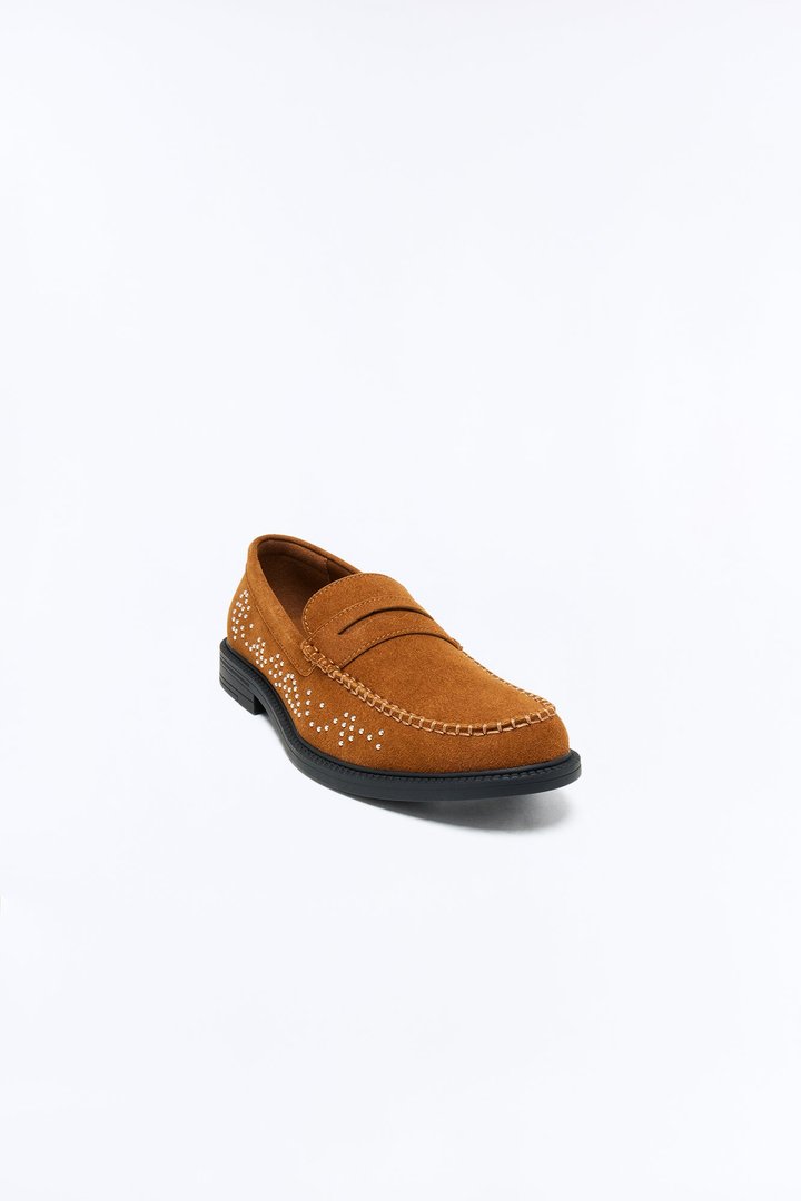 Studded Faux Suede Slip On Loafer - Brown