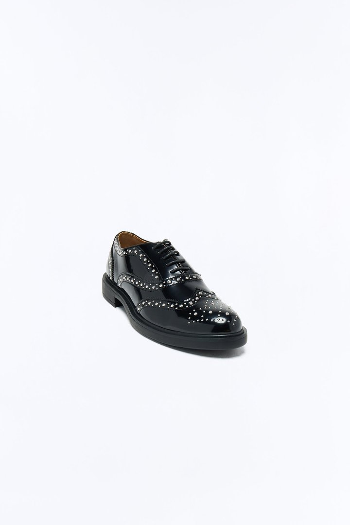 Patent Leather Studded Wing Tip Lace Up Shoe - Black