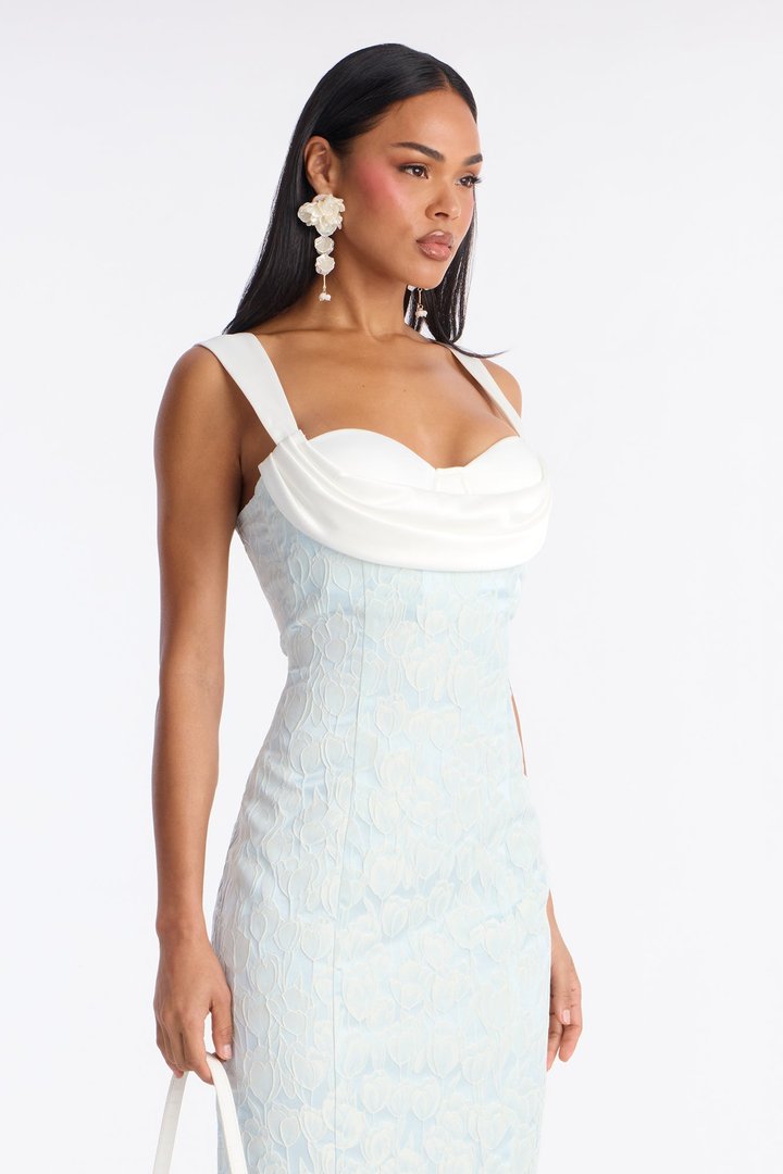 Sweet Floral Jacquard Midi Dress - Blue