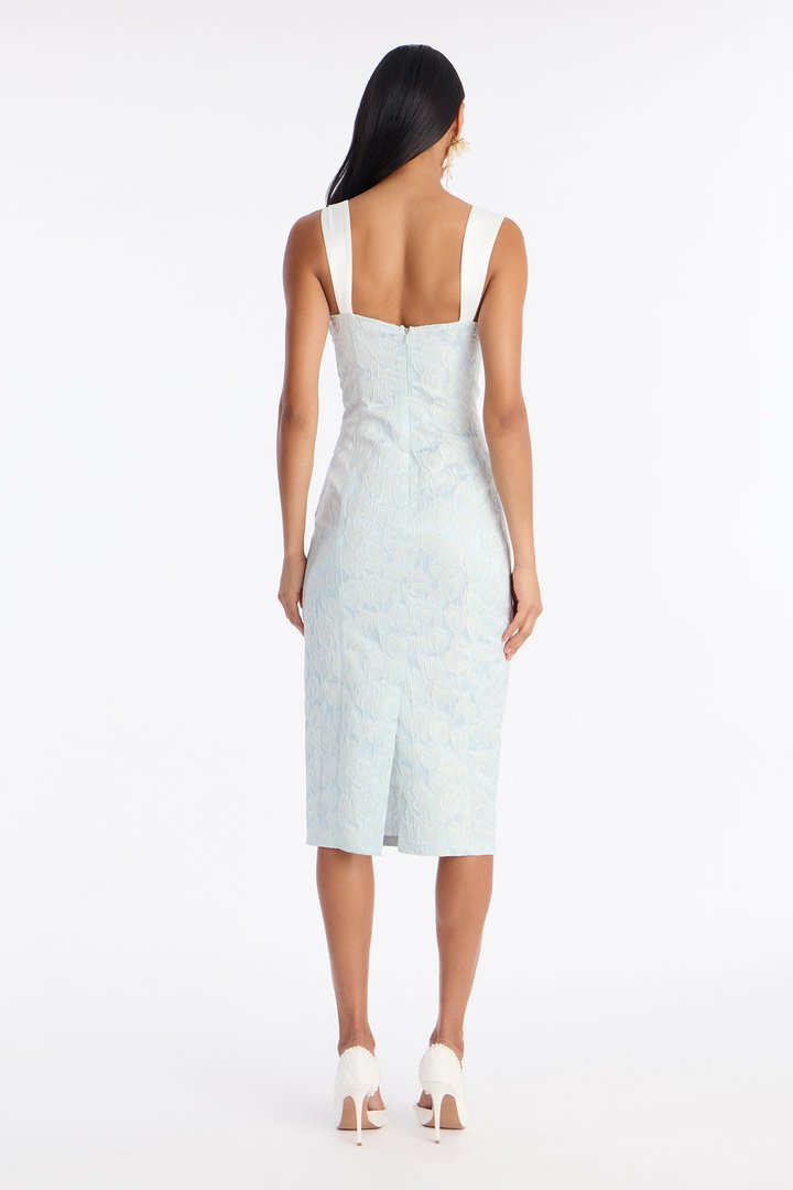 Sweet Floral Jacquard Midi Dress - Blue