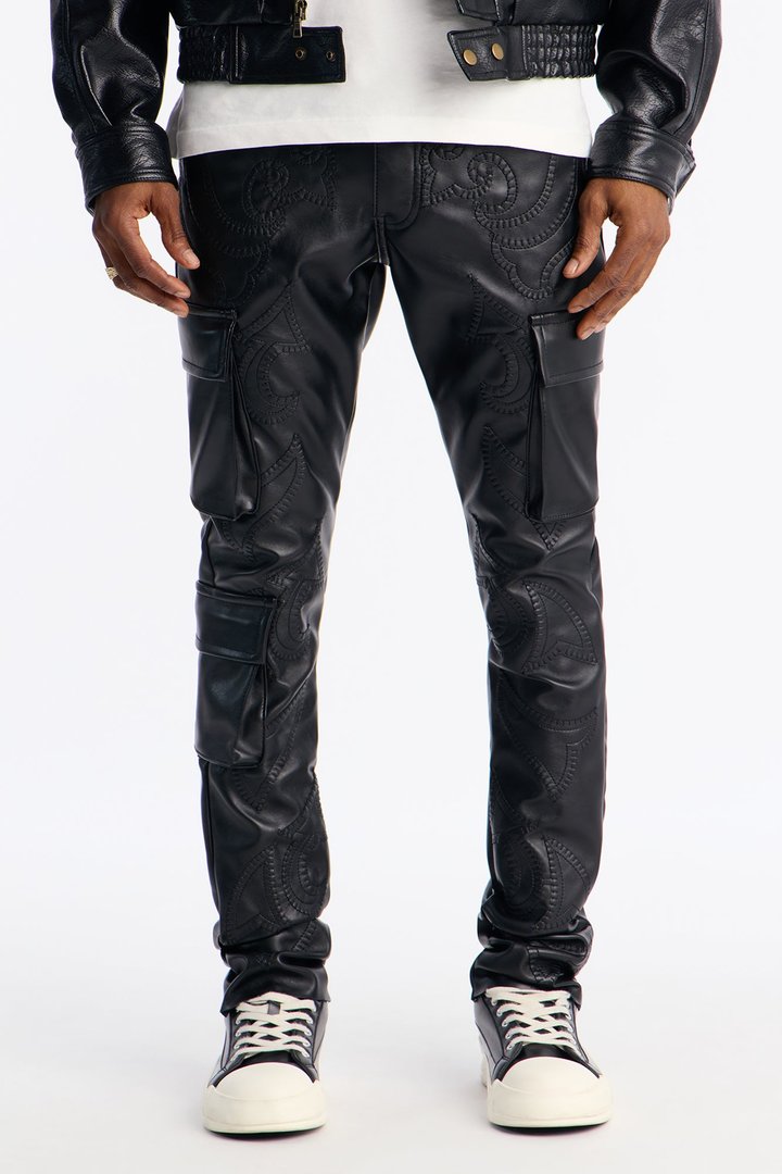 Skinny Stacked Faux Leather Paisley Embellished Pant - Black