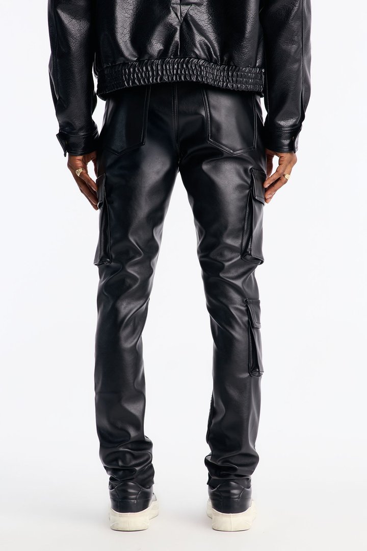Skinny Stacked Faux Leather Paisley Embellished Pant - Black