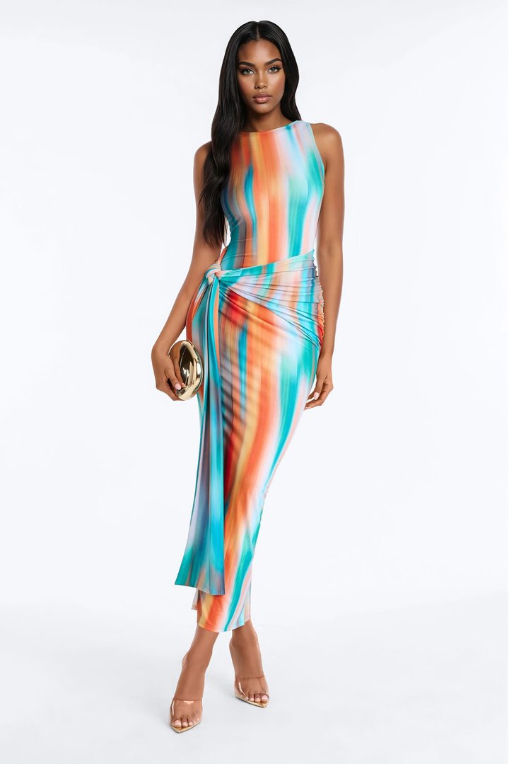 Sunset Vibes Draped Maxi Dress - Orange/combo