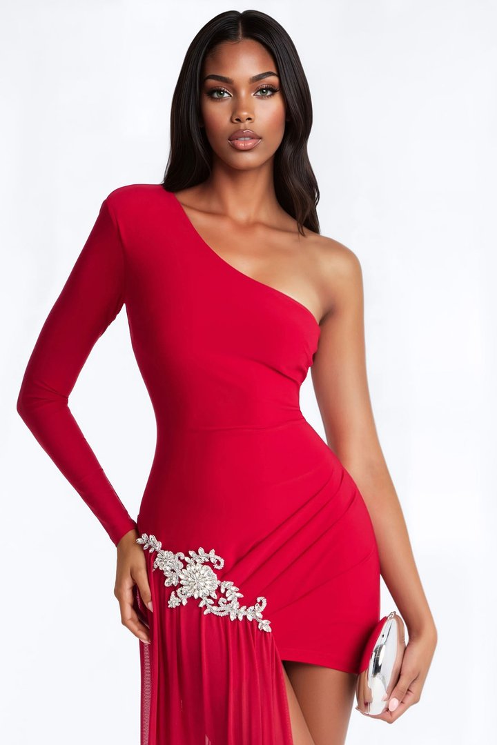 Leni One Shoulder Embellished Draped Mini Dress - Red