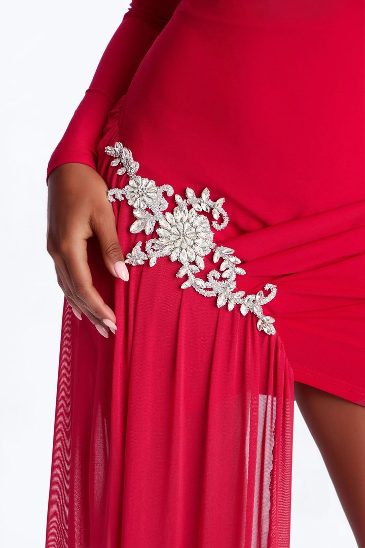 Leni One Shoulder Embellished Draped Mini Dress - Red