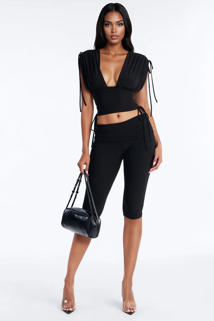Corina Ruched Capri Set - Black