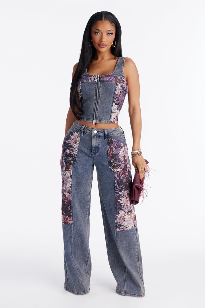 Pemberley Floral Jacquard Denim Top - Purple