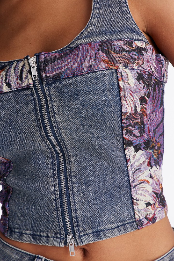 Pemberley Floral Jacquard Denim Top - Purple