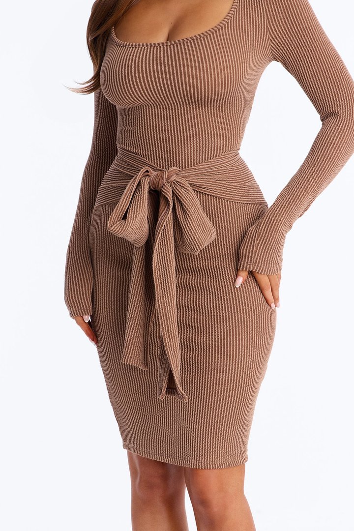 Rhea Long Sleeve Ribbed Midi Dress - Brown