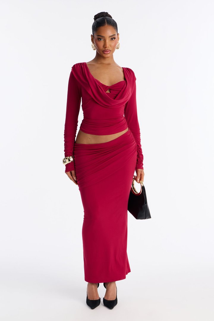 Flirt Mode Long Sleeve Jersey Cowl Top - Wine