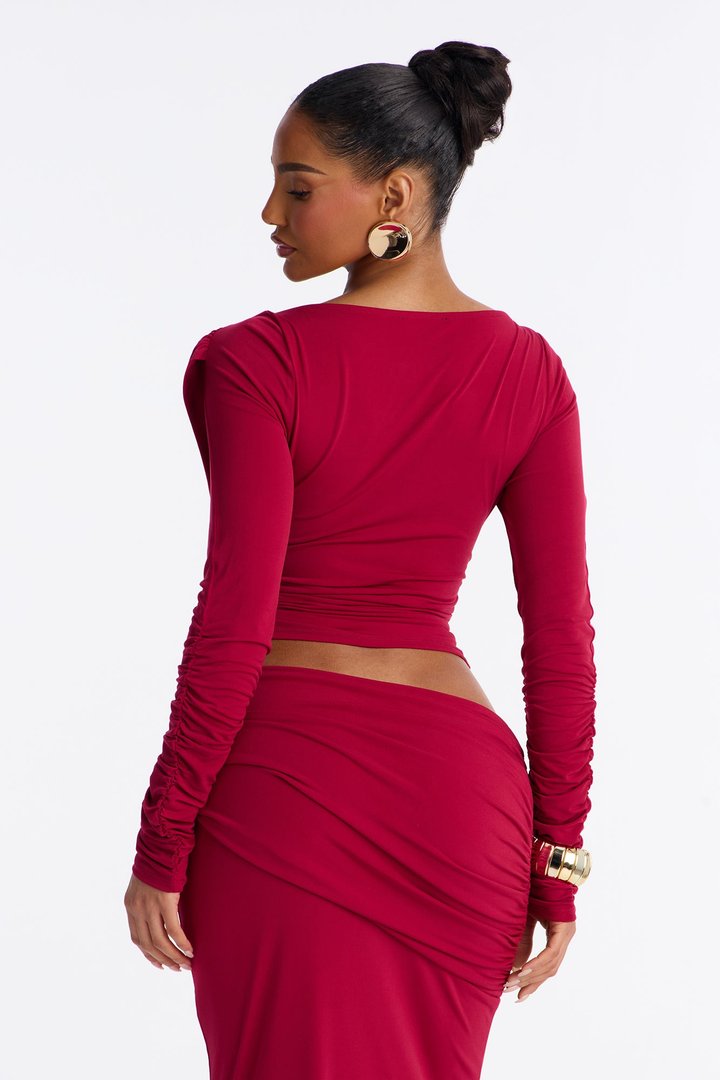 Flirt Mode Long Sleeve Jersey Cowl Top - Wine