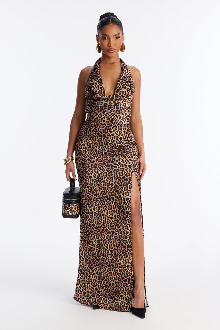 Kiss Of The Wild Leopard Satin Maxi Dress - Brown Combo