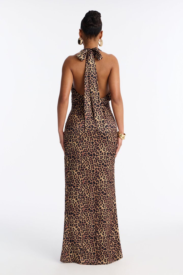 Kiss Of The Wild Leopard Satin Maxi Dress - Brown Combo