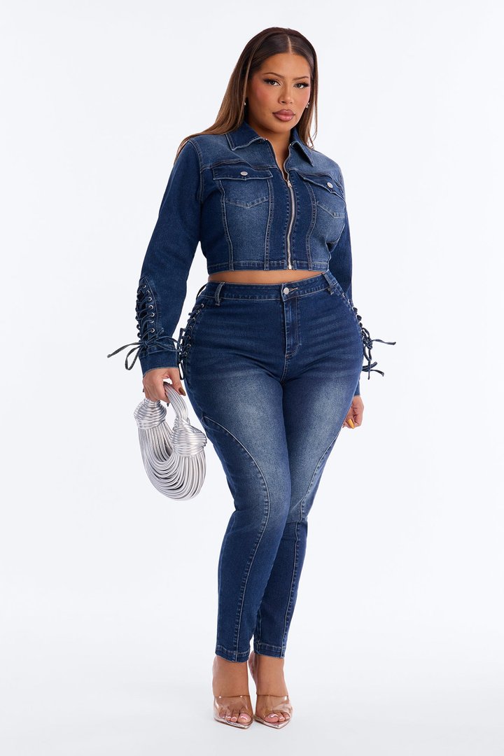 It's Showtime Lace Up Denim Jacket - Dark Wash