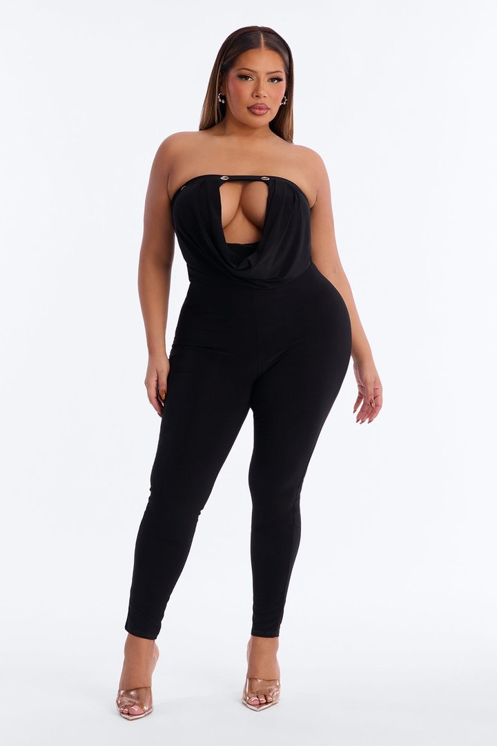 Francesca Strapless Cut Out Catsuit - Black