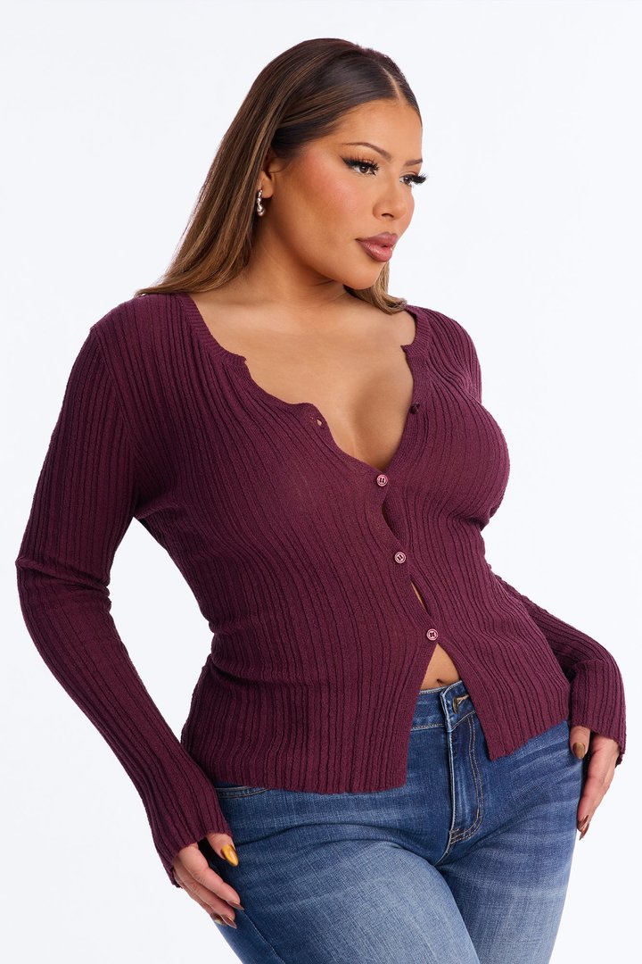 One More Chance Plisse Cardigan - Burgundy
