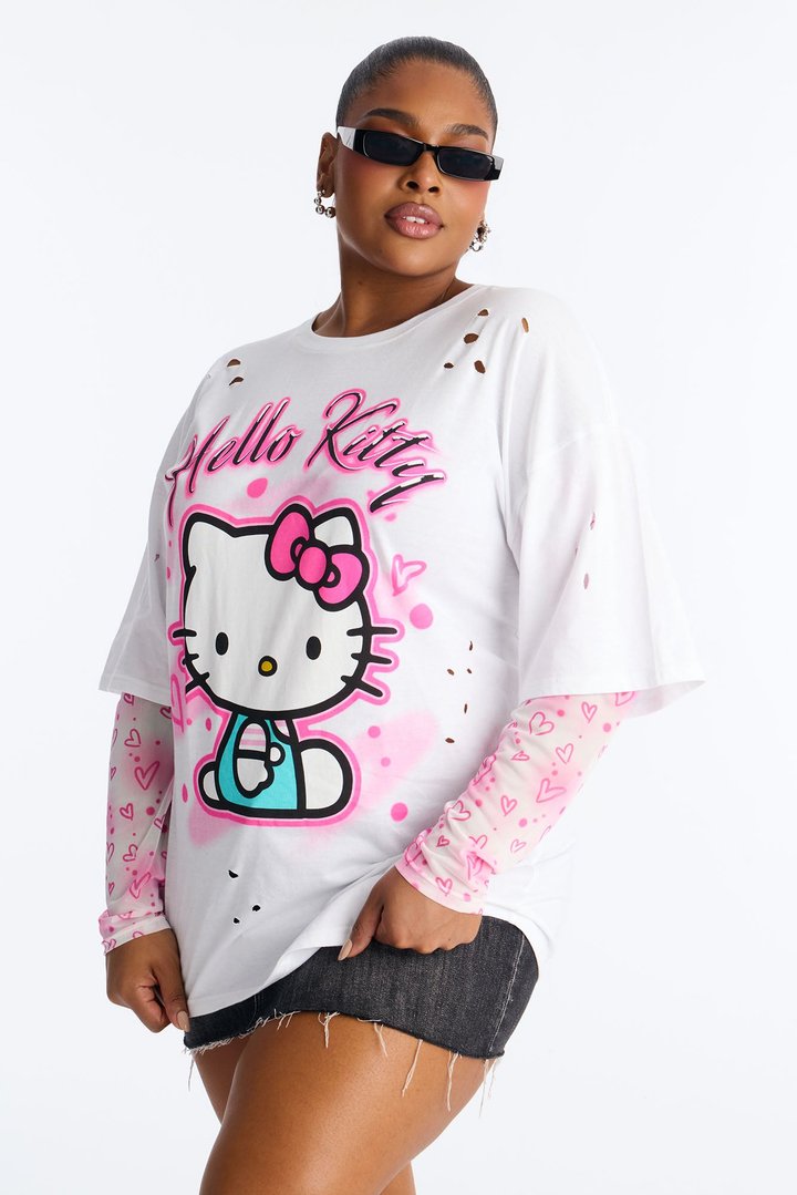 Hello Kitty Distressed Mesh Sleeves Tshirt - White