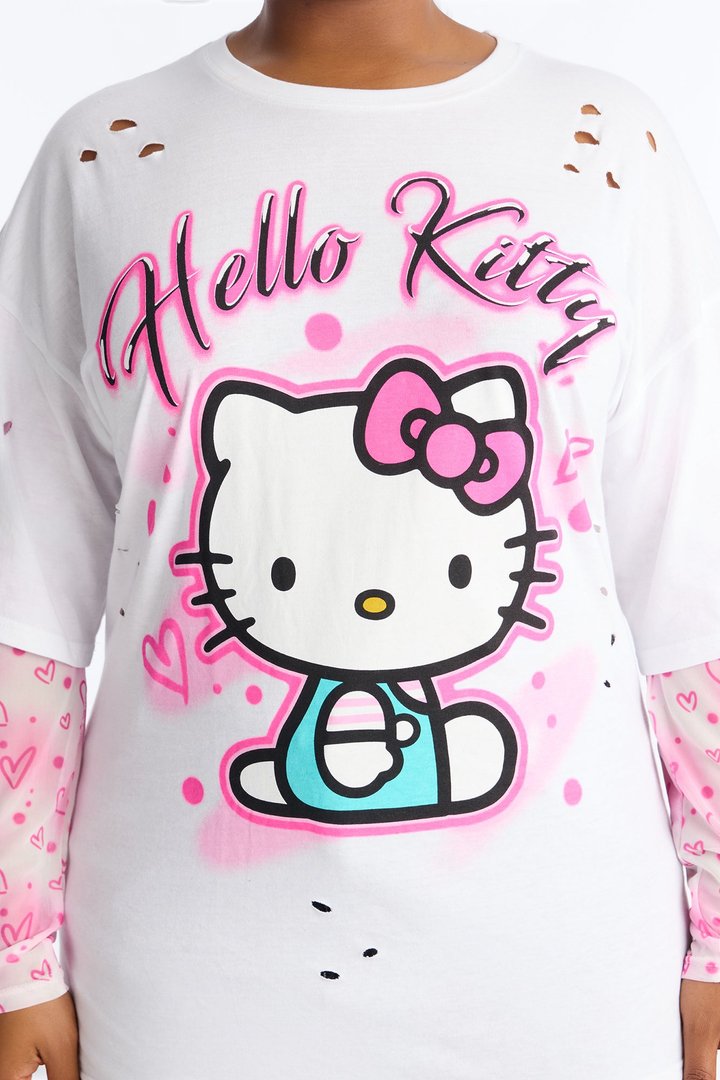 Hello Kitty Distressed Mesh Sleeves Tshirt - White