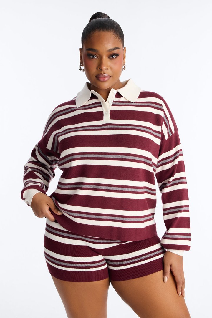 Beckham Striped Sweater Short Set - Burgundy/combo