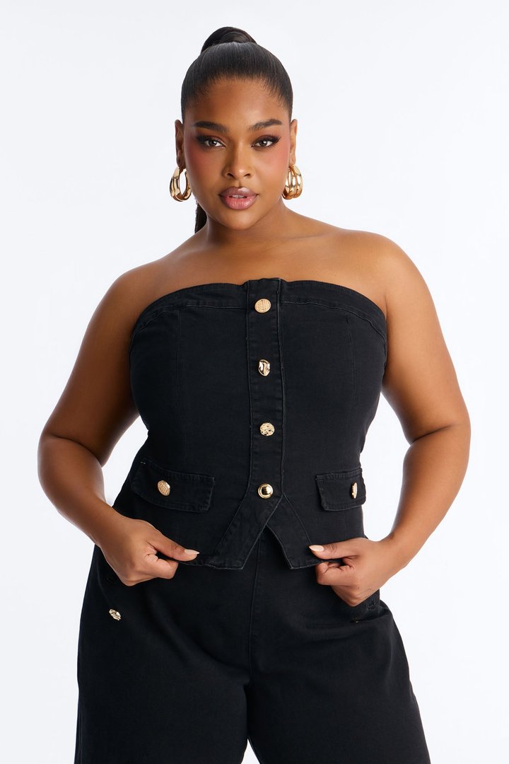 Colette Strapless Denim Pant Set - Black
