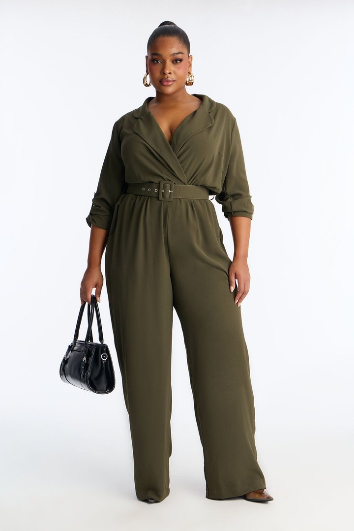 Running Around Belted Straight Leg Jumpsuit - Olive