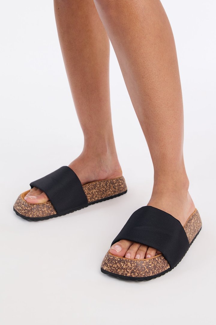 Tana Cork Slip On Slides - Black