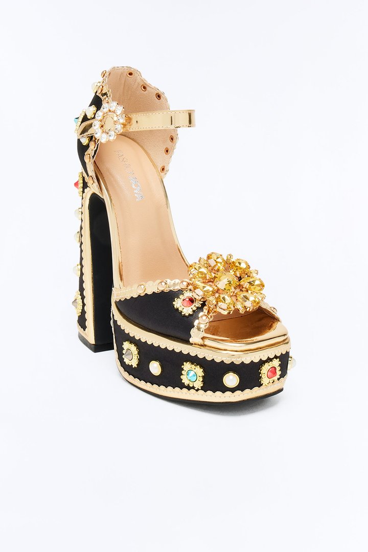 Loyal Embellished Platform Heels - Black/Gold