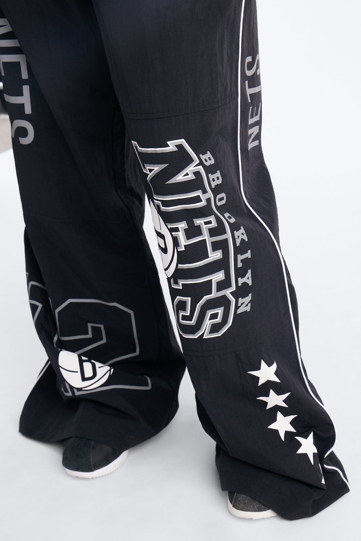 NBA Brooklyn Nets Patchwork Cargo Wide Leg Pant - Black
