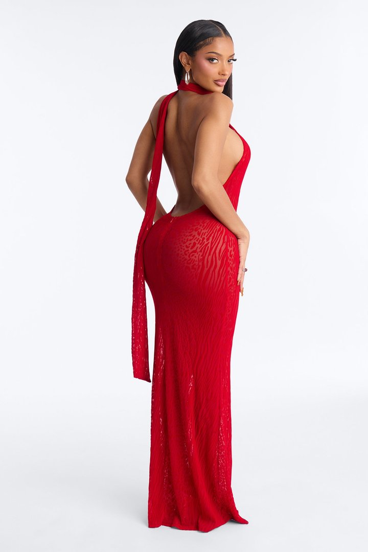 Jana Halter Flocked Mesh Maxi Dress - Red