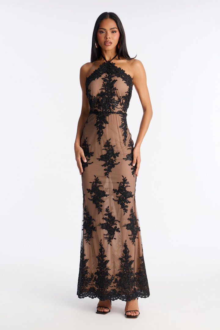 Floral Flame Mesh Halter Maxi Dress - Black