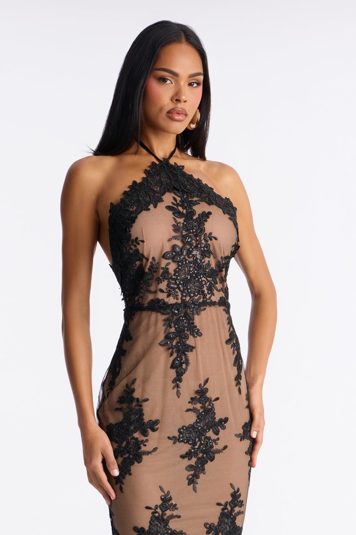 Floral Flame Mesh Halter Maxi Dress - Black