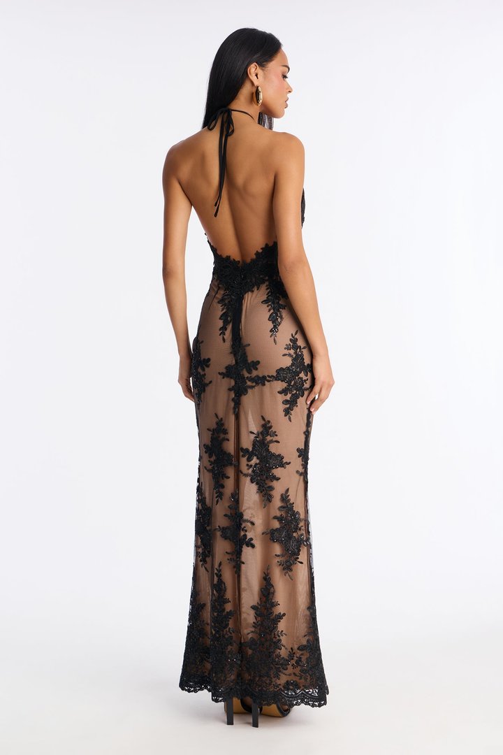Floral Flame Mesh Halter Maxi Dress - Black