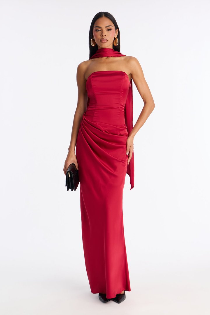 Lovestruck Look Satin Corset Maxi And Scarf Dress - Wine