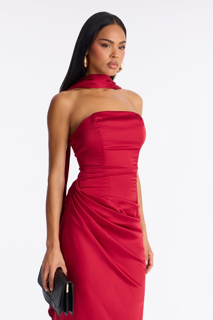 Lovestruck Look Satin Corset Maxi And Scarf Dress - Wine