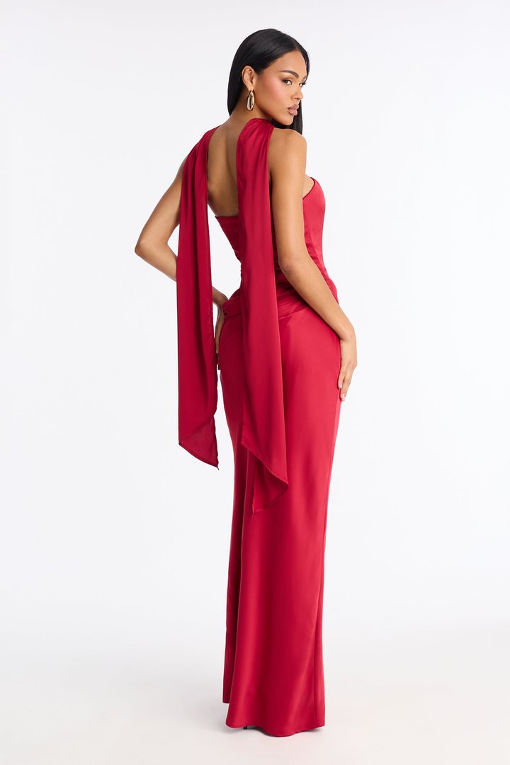 Lovestruck Look Satin Corset Maxi And Scarf Dress - Wine
