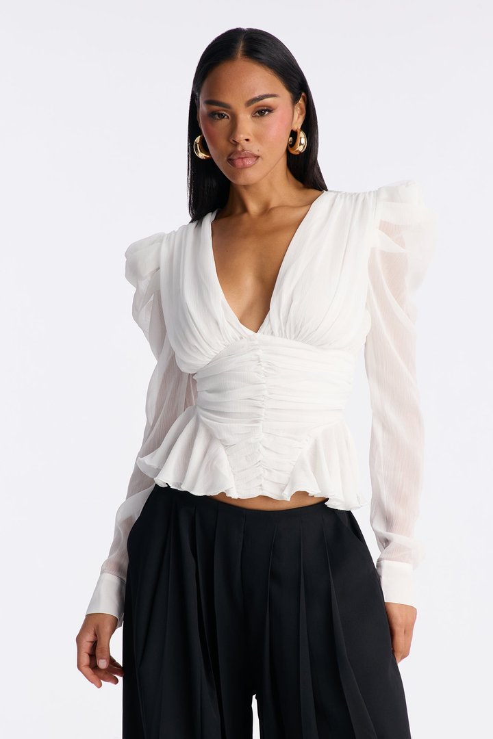 Endless Daydreams Ruched Ruffle Chiffon Top - White