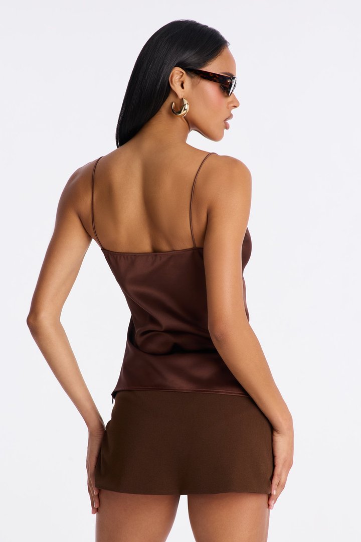Satin Girl Lace Trim Cami Top - Chocolate