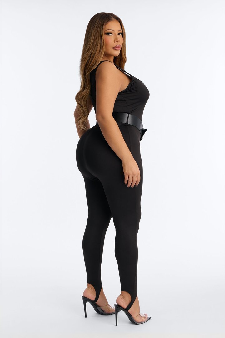 Melania Belted Stirrup Catsuit - Black