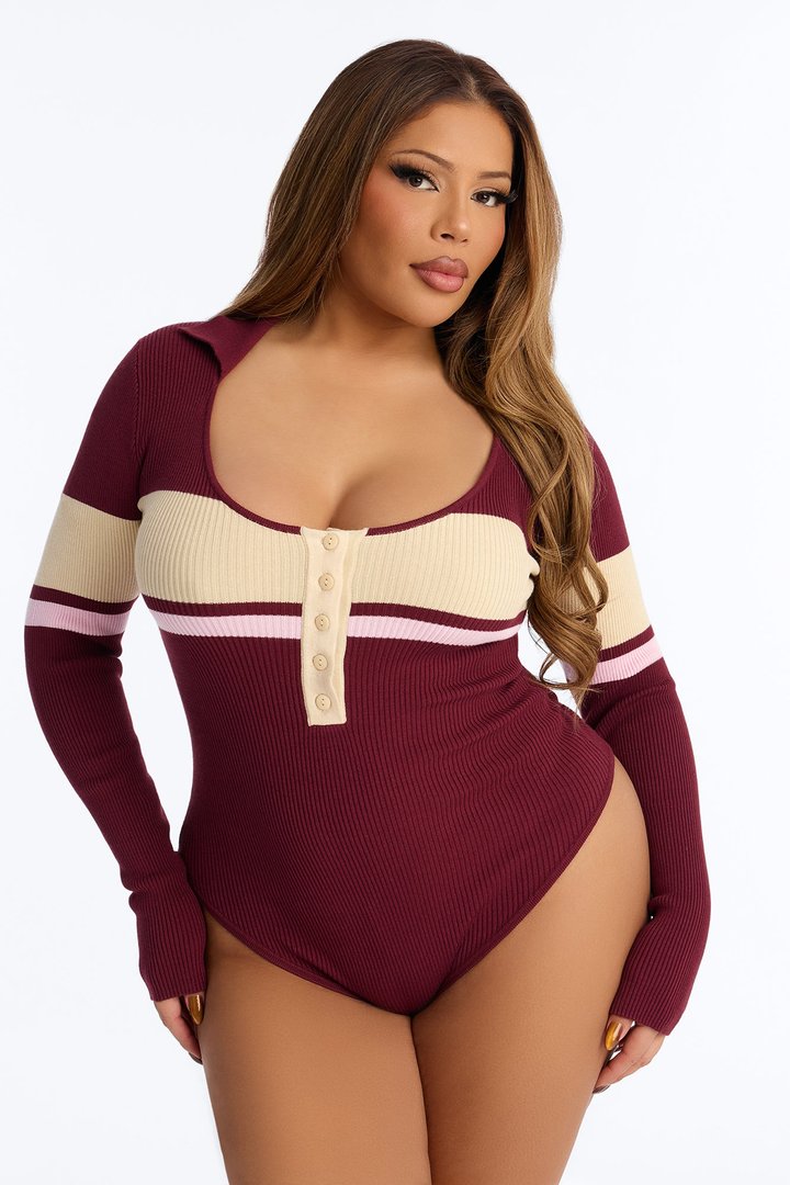 Love and Lattes Stripe Bodysuit - Burgundy/combo