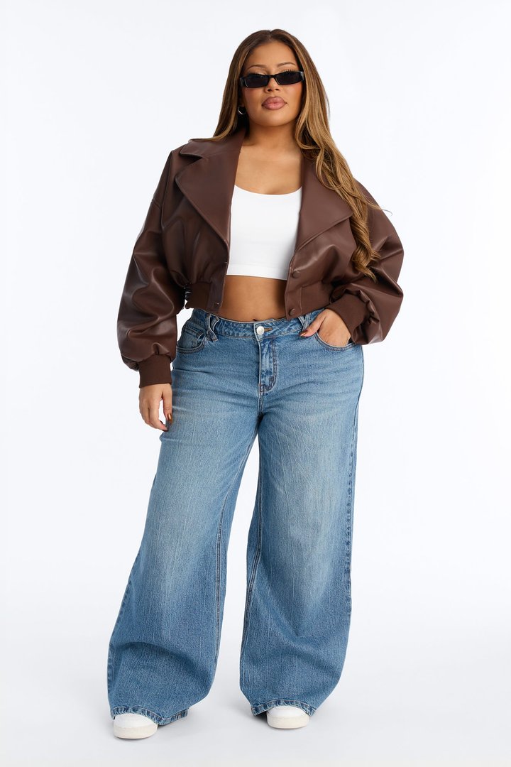 Janet Cropped Faux Leather Moto Jacket - Brown