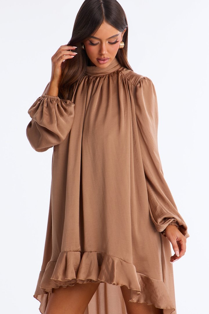 Giselle Long Sleeve Flowy Mini Dress - Mocha