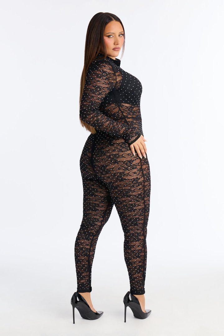 Shakira Lace Rhinestone Skinny Leg Jumpsuit - Black