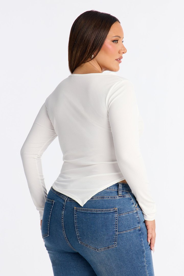 Kate Ribbed Asymmetrical Long Sleeve Top - Ivory