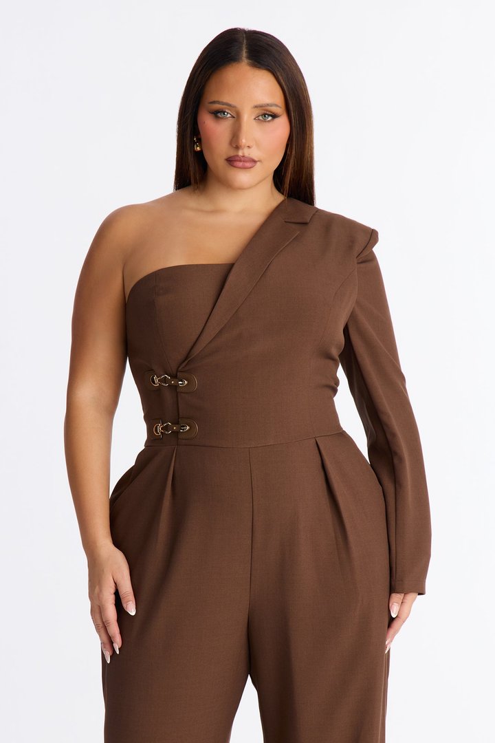 Makena Buckle One Shoulder Jumpsuit - Brown