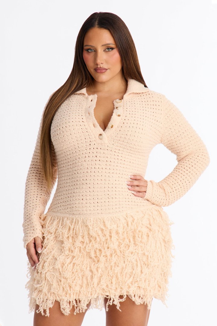 Forever Yours Fringe Trim Sweater Mini Dress - Cream