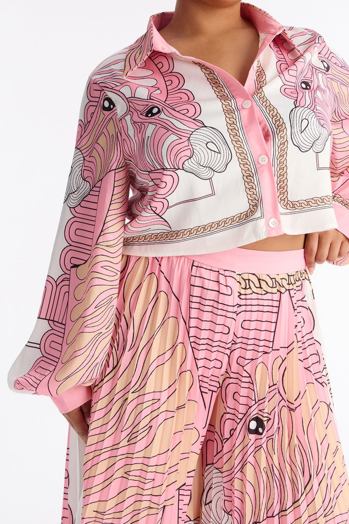 Marlene Satin Pleated Pant Set - Pink/combo