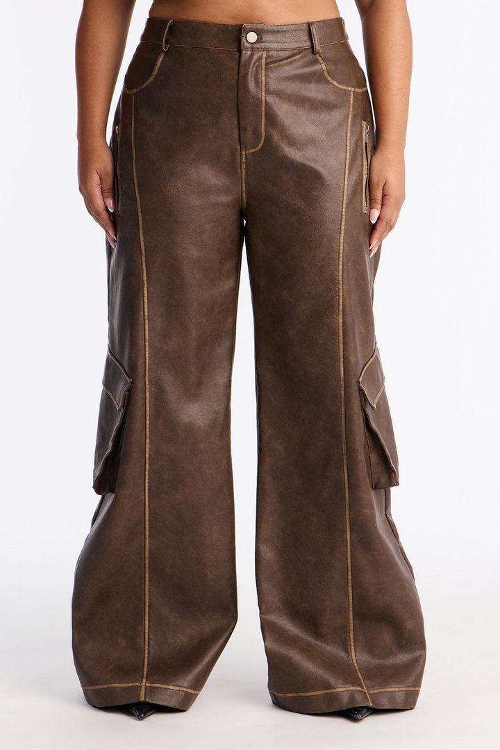 Gaia Faux Leather Cargo Pants 33 - Brown