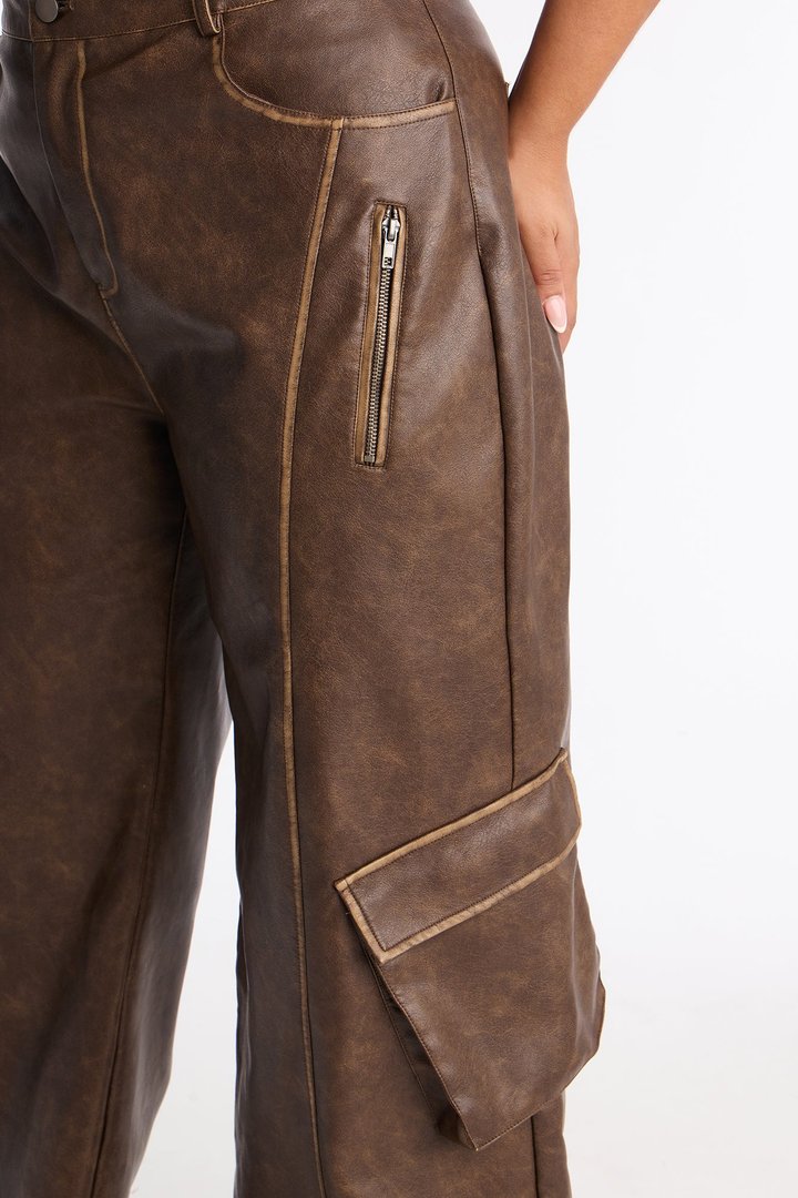 Gaia Faux Leather Cargo Pants 33 - Brown