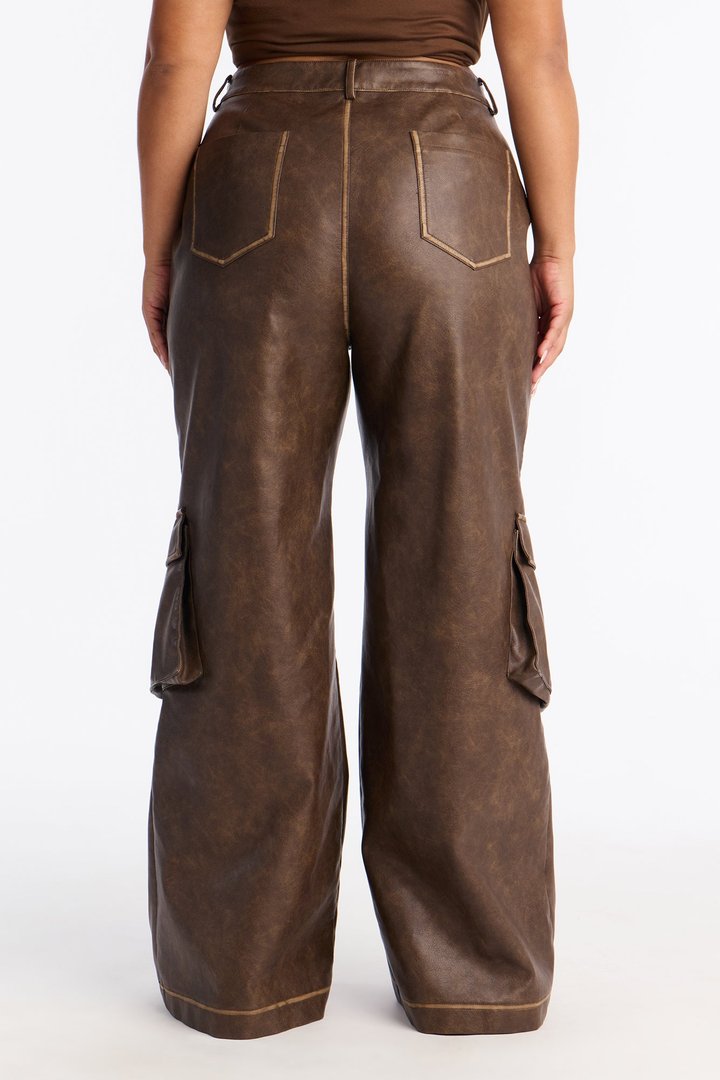 Gaia Faux Leather Cargo Pants 33 - Brown