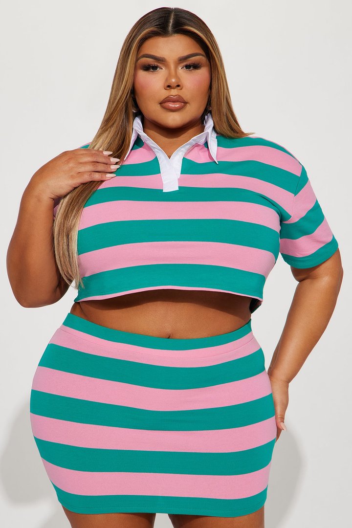 Lindsay Striped Polo Skirt Set - Pink/combo